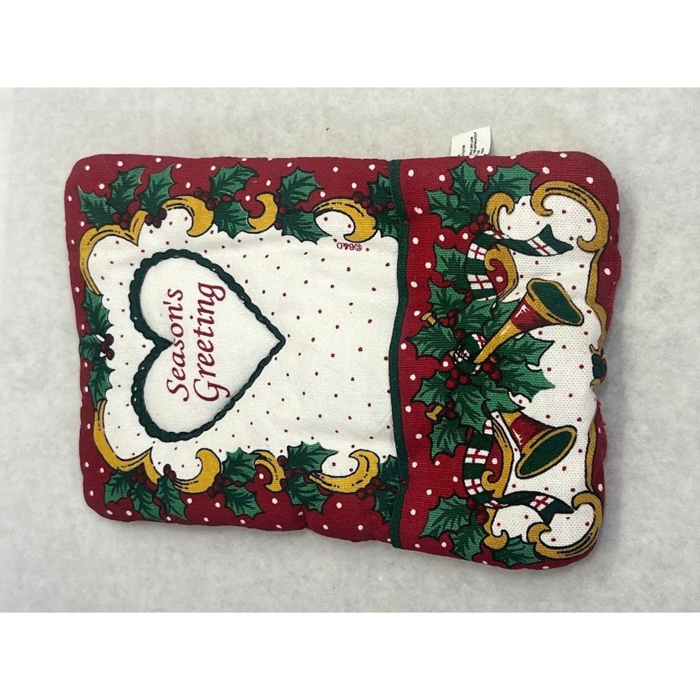 Vintage Christmas Pot Holder Seasons Greeting Holly Bells Red White Polka Dot